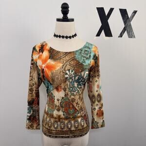 Vintage 90s Slinky Floral Abstract Top Rhinestone Embellished USA M